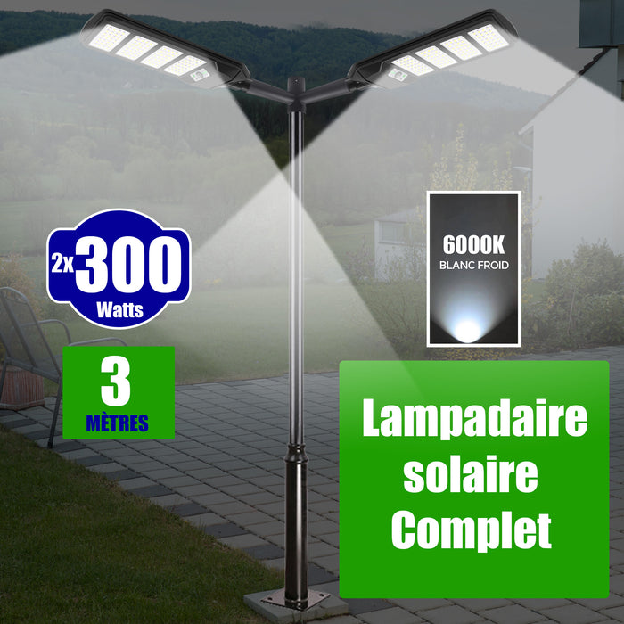 Pack lampadaire solaire complet double tête 3 mètres : 2x Lampes de rue et parking - Série VIEW V2 - 300 Watts - 6000k + Mât STANDARD 3 mètres au choix (Série STANDARD V1 EVO ou Série STANDARD V4 EVO - Avec trappe) + Double tête de mât + 2x Adaptateurs