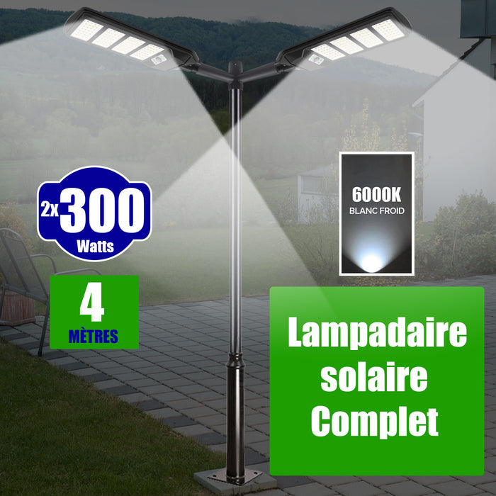 Pack lampadaire solaire complet double tête 4 mètres : 2x Lampes de rue et parking - Série VIEW V2 - 300 Watts - 6000k + Mât STANDARD 4 mètres au choix (Série STANDARD V1 EVO ou Série STANDARD V4 EVO - Avec trappe) + Double tête de mât + 2x Adaptateurs