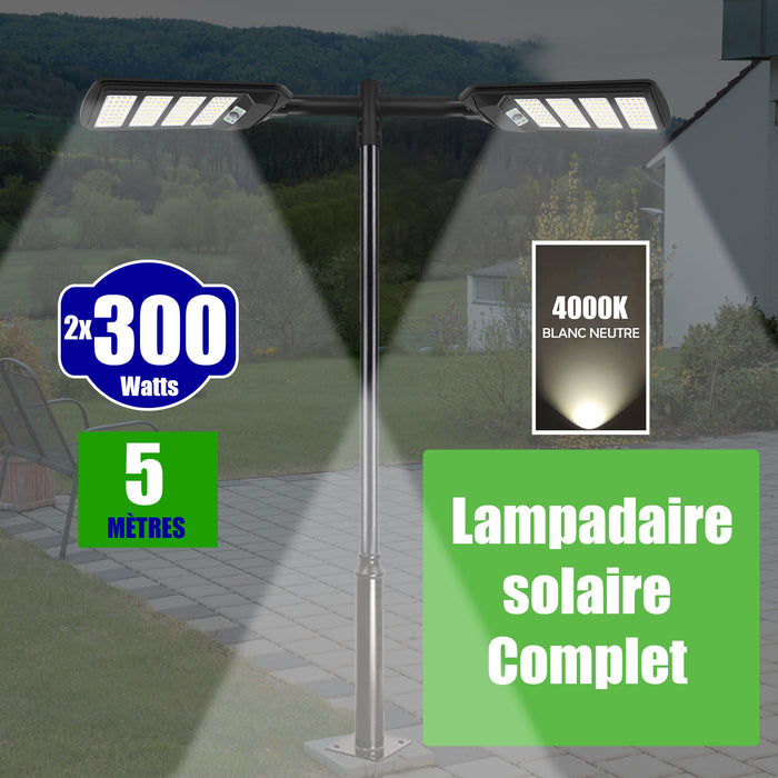 Pack lampadaire solaire complet double tête 5 mètres : 2x Lampes de rue et parking - Série VIEW V2 - 300 Watts - 4000k + Mât STANDARD 5 mètres au choix (Série STANDARD V1 EVO ou Série STANDARD V4 EVO - Avec trappe) + Double tête de mât + 2x Adaptateurs