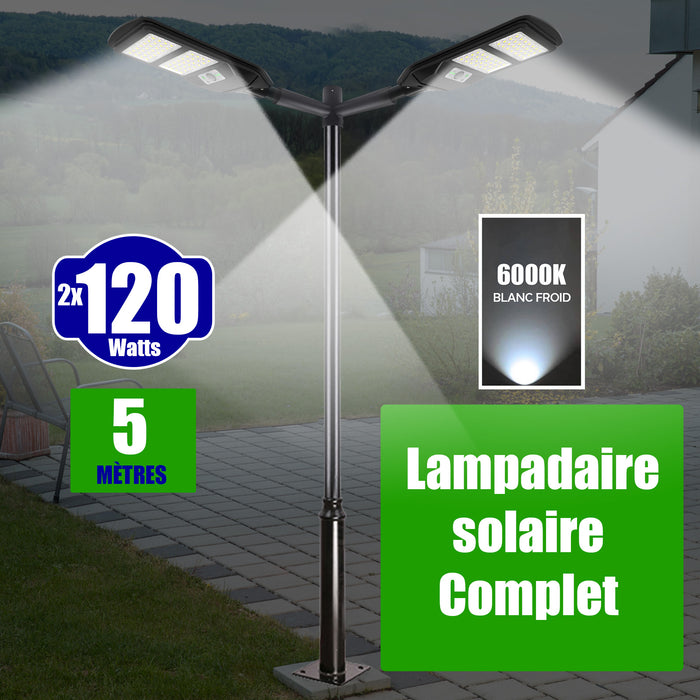 Pack lampadaire solaire complet double tête 5 mètres : 2x Lampes de rue et parking - Série VIEW V2 - 120 Watts - 6000k + Mât STANDARD 5 mètres au choix (Série STANDARD V1 EVO ou Série STANDARD V4 EVO - Avec trappe) + Double tête de mât + 2x Adaptateurs