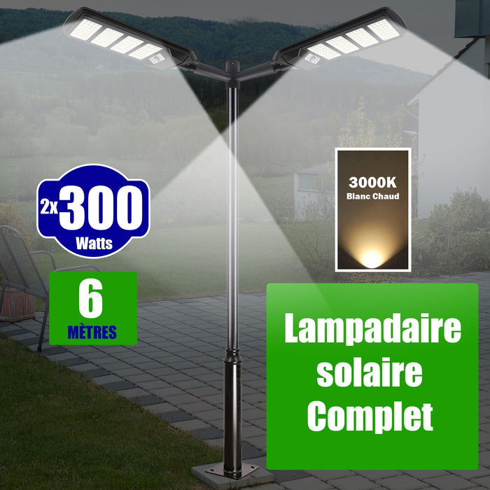 Pack lampadaire solaire complet double tête 6 mètres : 2x Lampes de rue et parking - Série VIEW V2 - 300 Watts - 3000k + Mât STANDARD 6 mètres au choix (Série STANDARD V1 EVO ou Série STANDARD V4 EVO - Avec trappe) + Double tête de mât + 2x Adaptateurs