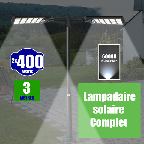 Pack lampadaire solaire complet double tête 3 mètres : 2x Lampes de rue et parking - Série VIEW V2 - 400 Watts - 6000k + Mât STANDARD 3 mètres au choix (Série STANDARD V1 EVO ou Série STANDARD V4 EVO - Avec trappe) + Double tête de mât  + 2x Adaptateurs