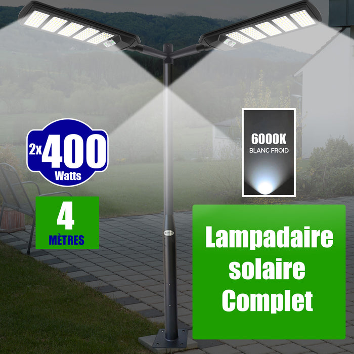 Pack lampadaire solaire complet double tête 4 mètres : 2x Lampes de rue et parking - Série VIEW V2 - 400 Watts - 6000k + Mât STANDARD 4 mètres au choix (Série STANDARD V1 EVO ou Série STANDARD V4 EVO - Avec trappe) + Double tête de mât + 2x Adaptateurs