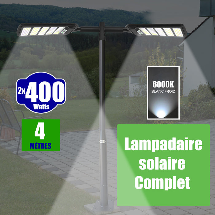Pack lampadaire solaire complet double tête 4 mètres : 2x Lampes de rue et parking - Série VIEW V2 - 400 Watts - 6000k + Mât STANDARD 4 mètres au choix (Série STANDARD V1 EVO ou Série STANDARD V4 EVO - Avec trappe) + Double tête de mât + 2x Adaptateurs