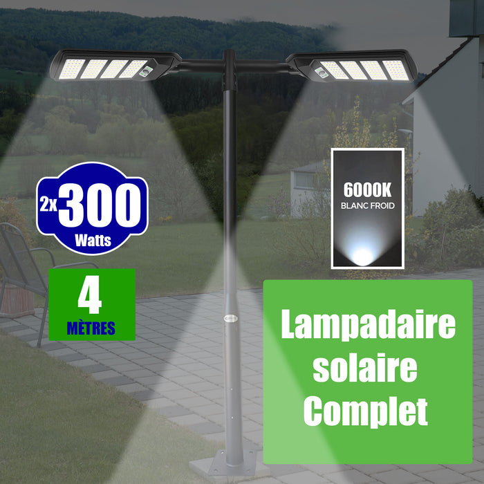 Pack lampadaire solaire complet double tête 4 mètres : 2x Lampes de rue et parking - Série VIEW V2 - 300 Watts - 6000k + Mât STANDARD 4 mètres au choix (Série STANDARD V1 EVO ou Série STANDARD V4 EVO - Avec trappe) + Double tête de mât + 2x Adaptateurs