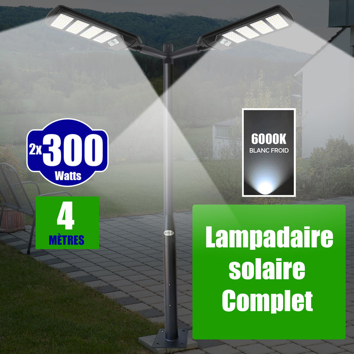Pack lampadaire solaire complet double tête 4 mètres : 2x Lampes de rue et parking - Série VIEW V2 - 300 Watts - 6000k + Mât STANDARD 4 mètres au choix (Série STANDARD V1 EVO ou Série STANDARD V4 EVO - Avec trappe) + Double tête de mât + 2x Adaptateurs