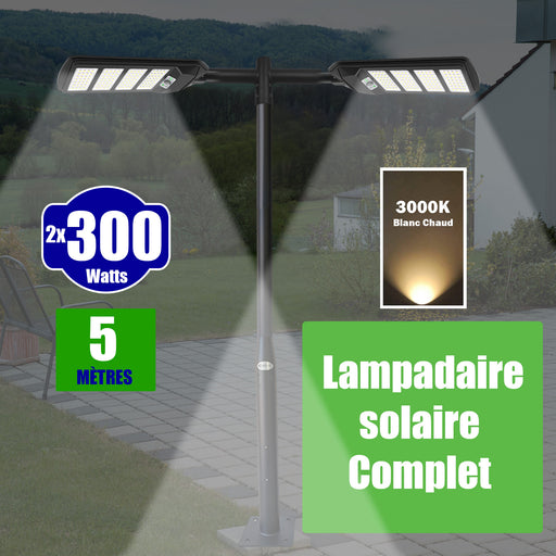 Pack lampadaire solaire complet double tête 5 mètres : 2x Lampes de rue et parking - Série VIEW V2 - 300 Watts - 3000k + Mât STANDARD 5 mètres au choix (Série STANDARD V1 EVO ou Série STANDARD V4 EVO - Avec trappe) + Double tête de mât + 2x Adaptateurs