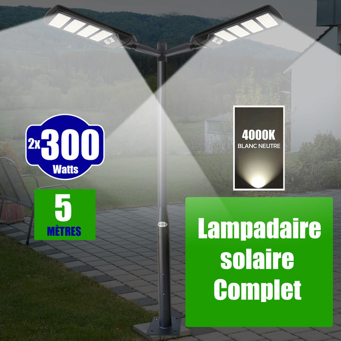Pack lampadaire solaire complet double tête 5 mètres : 2x Lampes de rue et parking - Série VIEW V2 - 300 Watts - 4000k + Mât STANDARD 5 mètres au choix (Série STANDARD V1 EVO ou Série STANDARD V4 EVO - Avec trappe) + Double tête de mât + 2x Adaptateurs