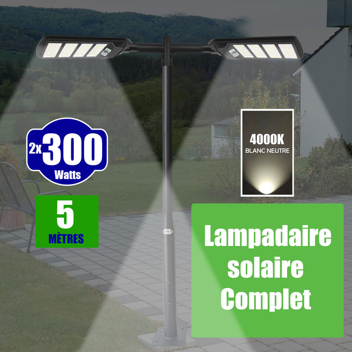 Pack lampadaire solaire complet double tête 5 mètres : 2x Lampes de rue et parking - Série VIEW V2 - 300 Watts - 4000k + Mât STANDARD 5 mètres au choix (Série STANDARD V1 EVO ou Série STANDARD V4 EVO - Avec trappe) + Double tête de mât + 2x Adaptateurs