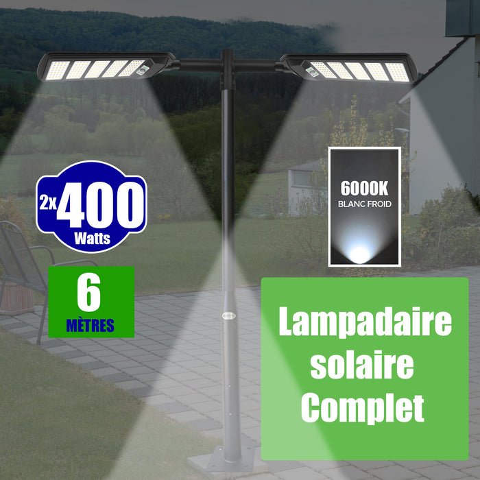 Pack lampadaire solaire complet double tête 6 mètres : 2x Lampes de rue et parking - Série VIEW V2 - 400 Watts - 6000k + Mât STANDARD 6 mètres au choix (Série STANDARD V1 EVO ou Série STANDARD V4 EVO - Avec trappe) + Double tête de mât + 2x Adaptateurs