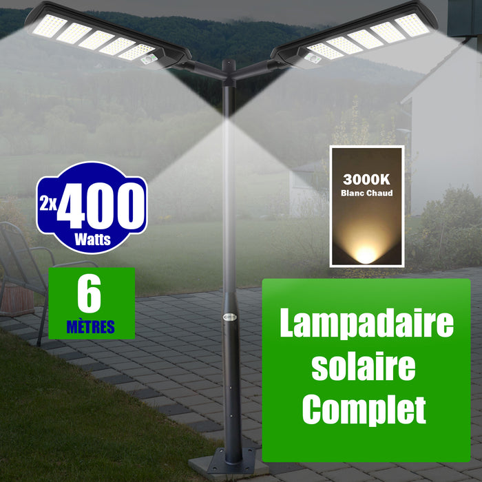 Pack lampadaire solaire complet double tête 6 mètres : 2x Lampes de rue et parking - Série VIEW V2 - 400 Watts - 3000k + Mât STANDARD (V1 EVO ou V4 EVO - Avec trappe) + Double tête de mât en ligne ou perpendiculaire + 2x Adaptateurs
