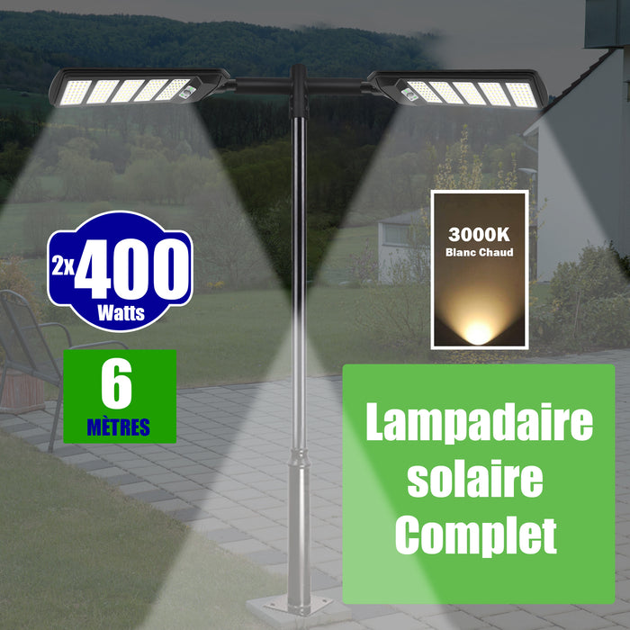 Pack lampadaire solaire complet double tête 6 mètres : 2x Lampes de rue et parking - Série VIEW V2 - 400 Watts - 3000k + Mât STANDARD (V1 EVO ou V4 EVO - Avec trappe) + Double tête de mât en ligne ou perpendiculaire + 2x Adaptateurs