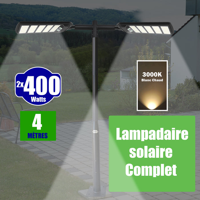 Pack lampadaire solaire complet double tête 4 mètres : 2x Lampes de rue et parking - Série VIEW V2 - 400 Watts - 3000k + Mât STANDARD (V1 EVO ou V4 EVO - Avec trappe) + Double tête de mât en ligne ou perpendiculaire + 2x Adaptateurs