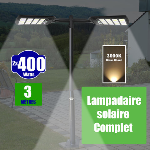 Pack lampadaire solaire complet double tête 3 mètres : 2x Lampes de rue et parking - Série VIEW V2 - 400 Watts - 3000k + Mât STANDARD (V1 EVO ou V4 EVO - Avec trappe) + Double tête de mât en ligne ou perpendiculaire + 2x Adaptateurs