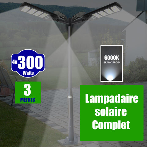 Pack lampadaire solaire complet quadruple tête 3 mètres : 4x Lampes de rue et parking - Série VIEW V2 - 300 Watts - 6000k + Mât STANDARD 3 mètres au choix (Série STANDARD V1 EVO ou Série STANDARD V4 EVO - Avec trappe) + Quadruple tête + 4x Adaptateurs