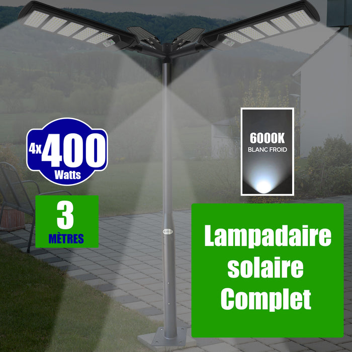 Pack lampadaire solaire complet quadruple tête 3 mètres : 4x Lampes de rue et parking - Série VIEW V2 - 400 Watts - 6000k + Mât STANDARD 3 mètres au choix (Série STANDARD V1 EVO ou Série STANDARD V4 EVO - Avec trappe) + Quadruple tête + 4x Adaptateurs