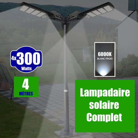 Pack lampadaire solaire complet quadruple tête 4 mètres : 4x Lampes de rue et parking - Série VIEW V2 - 300 Watts - 6000k + Mât STANDARD 4 mètres au choix (Série STANDARD V1 EVO ou Série STANDARD V4 EVO - Avec trappe) + Quadruple tête + 4x Adaptateurs