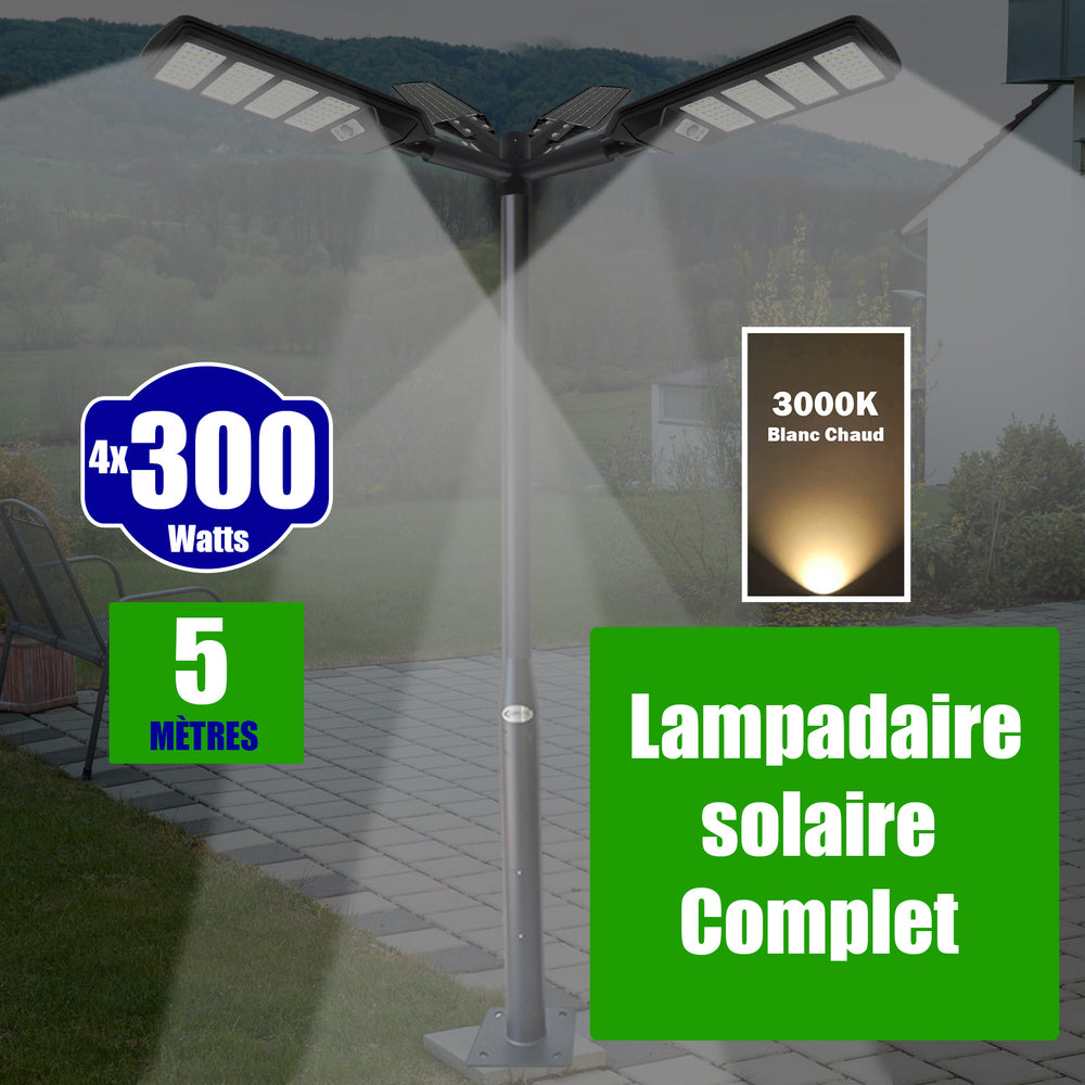 Pack lampadaire solaire complet quadruple tête 5 mètres : 4x Lampes de rue et parking - Série VIEW V2 - 300 Watts - 3000k + Mât STANDARD 5 mètres au choix (Série STANDARD V1 EVO ou Série STANDARD V4 EVO - Avec trappe) + Quadruple tête + 4x Adaptateurs