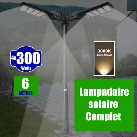 Pack lampadaire solaire complet quadruple tête 6 mètres : 4x Lampes de rue et parking - Série VIEW V2 - 300 Watts - 3000k + Mât STANDARD 6 mètres au choix (Série STANDARD V1 EVO ou Série STANDARD V4 EVO - Avec trappe) + Quadruple tête + 4x Adaptateurs