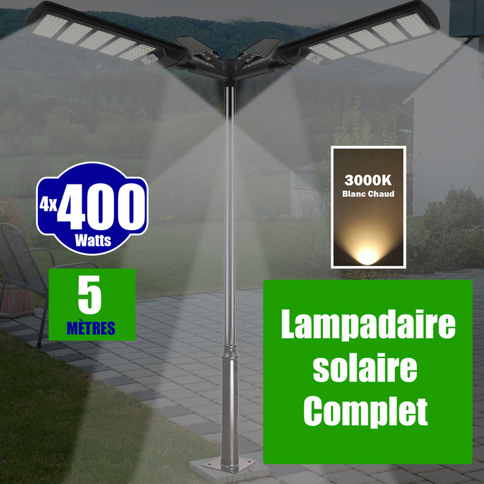 Pack lampadaire solaire complet quadruple tête 5 mètres : 4x  Lampes de rue et parking - Série VIEW V2 - 400 Watts - 3000k + Mât STANDARD (V1 EVO ou V4 EVO - Avec trappe) + Quadruple tête + 4x Adaptateurs