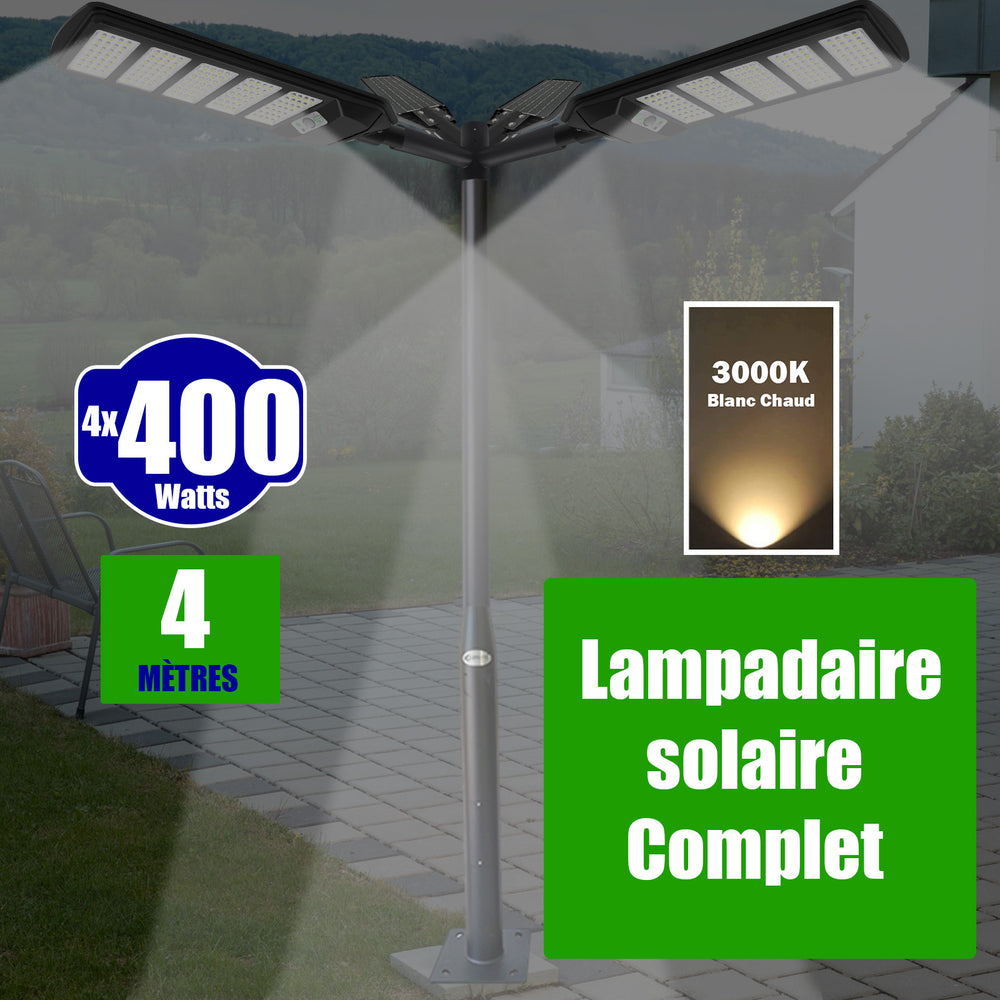 Pack lampadaire solaire complet quadruple tête 4 mètres : 4x Lampes de rue et parking - Série VIEW V2 - 400 Watts - 3000k + Mât STANDARD (V1 EVO ou V4 EVO - Avec trappe) + Quadruple tête + 4x Adaptateurs