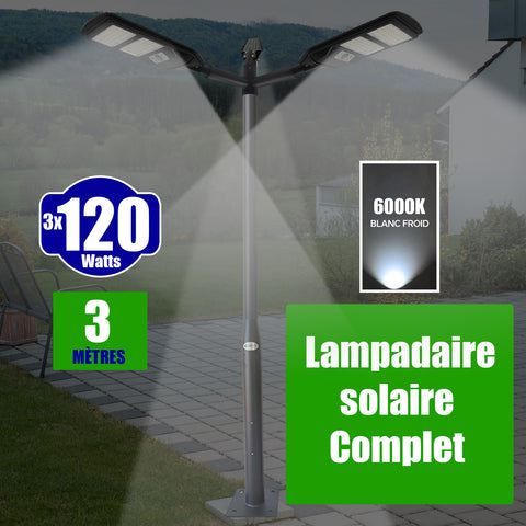 Pack lampadaire solaire complet triple tête 3 mètres : 3x Lampes de rue et parking - Série VIEW V2 - 120 Watts - 6000k + Mât STANDARD 3 mètres au choix (Série STANDARD V1 EVO ou Série STANDARD V4 EVO - Avec trappe) + Triple tête de mât  + 3x Adaptateurs