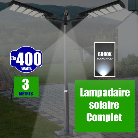 Pack lampadaire solaire complet triple tête 3 mètres : 3x Lampes de rue et parking - Série VIEW V2 - 400 Watts - 6000k + Mât STANDARD 3 mètres au choix (Série STANDARD V1 EVO ou Série STANDARD V4 EVO - Avec trappe) + Triple tête de mât  + 3x Adaptateurs