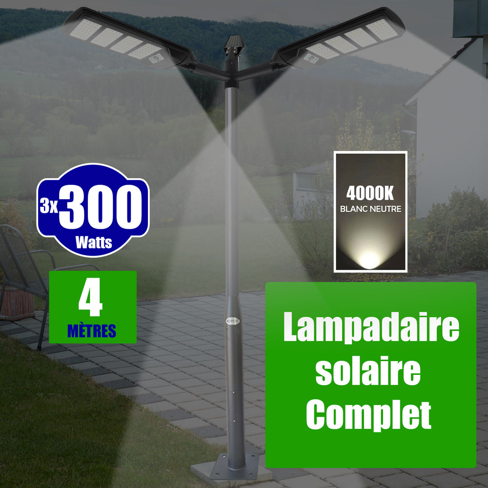 Pack lampadaire solaire complet triple tête 4 mètres : 3x Lampes de rue et parking - Série VIEW V2 - 300 Watts - 4000k + Mât STANDARD 4 mètres au choix (Série STANDARD V1 EVO ou Série STANDARD V4 EVO - Avec trappe) + Triple tête de mât  + 3x Adaptateurs