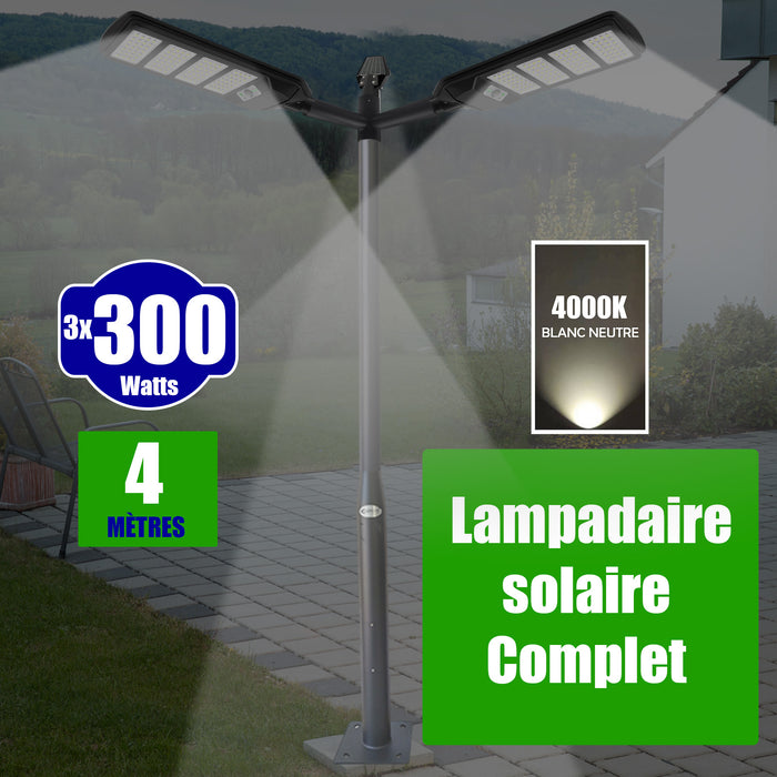 Pack lampadaire solaire complet triple tête 4 mètres : 3x Lampes de rue et parking - Série VIEW V2 - 300 Watts - 4000k + Mât STANDARD 4 mètres au choix (Série STANDARD V1 EVO ou Série STANDARD V4 EVO - Avec trappe) + Triple tête de mât  + 3x Adaptateurs
