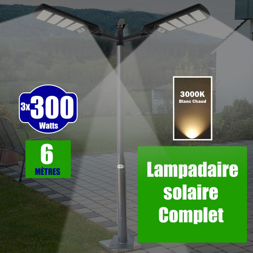 Pack lampadaire solaire complet triple tête 6 mètres : 3x Lampes de rue et parking - Série VIEW V2 - 300 Watts - 3000k + Mât STANDARD 6 mètres au choix (Série STANDARD V1 EVO ou Série STANDARD V4 EVO - Avec trappe) + Triple tête de mât  + 3x Adaptateurs