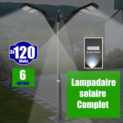Pack lampadaire solaire complet triple tête 6 mètres : 3x Lampes de rue et parking - Série VIEW V2 - 120 Watts - 6000k + Mât STANDARD 6 mètres au choix (Série STANDARD V1 EVO ou Série STANDARD V4 EVO - Avec trappe) + Triple tête de mât  + 3x Adaptateurs
