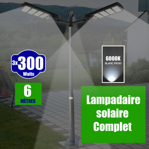 Pack lampadaire solaire complet triple tête 6 mètres : 3x Lampes de rue et parking - Série VIEW V2 - 300 Watts - 6000k + Mât STANDARD 6 mètres au choix (Série STANDARD V1 EVO ou Série STANDARD V4 EVO - Avec trappe) + Triple tête de mât  + 3x Adaptateurs