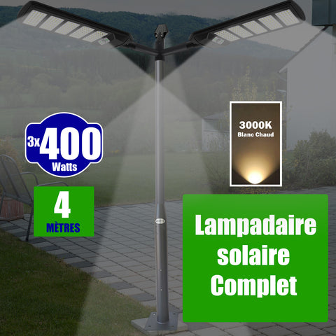 Pack lampadaire solaire complet triple tête 4 mètres : 3x Lampes de rue et parking - Série VIEW V2 - 400 Watts - 3000k + Mât STANDARD (V1 EVO ou V4 EVO - Avec trappe) + Triple tête de mât + 3x Adaptateurs