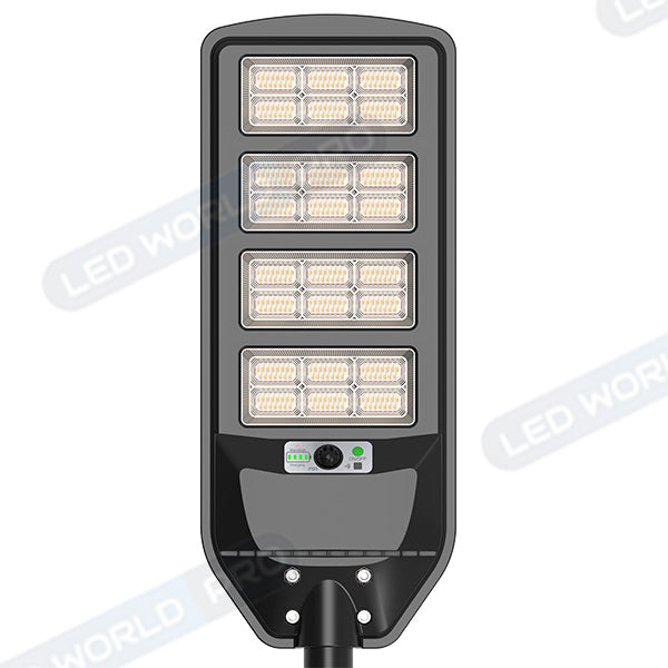 Pack lampadaire solaire complet 6 mètres : Lampe de rue et parking - Série VIEW V3 - 400 Watts - 2700 Lumens - CCT + Mât Série STANDARD V1 EVO 6 mètres + Adaptateur ajustable 80/50mm ou Support déporté 45mm