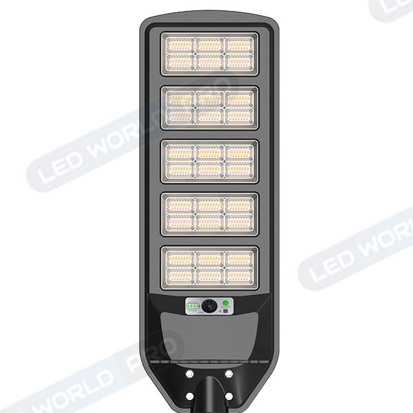 Pack lampadaire complet triple tête 4 mètres : 3x Lampadaires solaires - Série VIEW V3 800 Watts - 3500 Lumens - CCT + Mât STANDARD V1 EVO 4 mètres + Triple tête de mât perpendiculaire