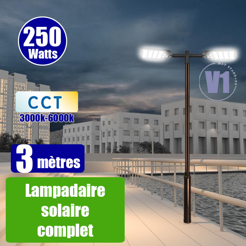 Pack lampadaire complet double tête 3 mètres : 2x Lampadaires solaires - Série VIEW V3 250 Watts - 2100 Lumens - CCT + Mât STANDARD V1 EVO 3 mètres + Double tête de mât en ligne ou perpendiculaire