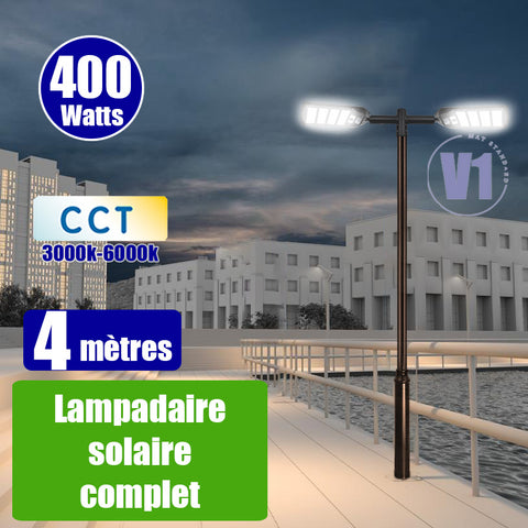 Pack lampadaire complet double tête 4 mètres : 2x Lampadaires solaires - Série VIEW V3 400 Watts - 2700 Lumens - CCT + Mât STANDARD V1 EVO 4 mètres + Double tête de mât en ligne ou perpendiculaire