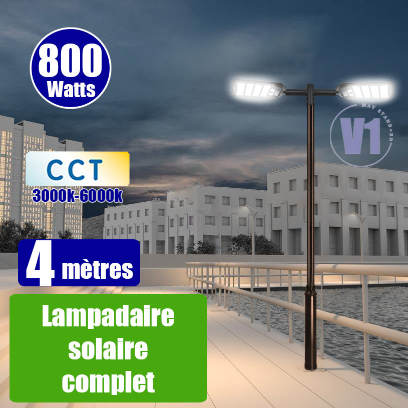 Pack lampadaire complet double tête 4 mètres : 2x Lampadaires solaires - Série VIEW V3 800 Watts - 3500 Lumens - CCT + Mât STANDARD V1 EVO 4 mètres + Double tête de mât en ligne ou perpendiculaire
