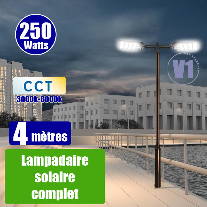 Pack lampadaire complet double tête 4 mètres : 2x Lampadaires solaires - Série VIEW V3 250 Watts - 2100 Lumens - CCT + Mât STANDARD V1 EVO 4 mètres + Double tête de mât en ligne ou perpendiculaire