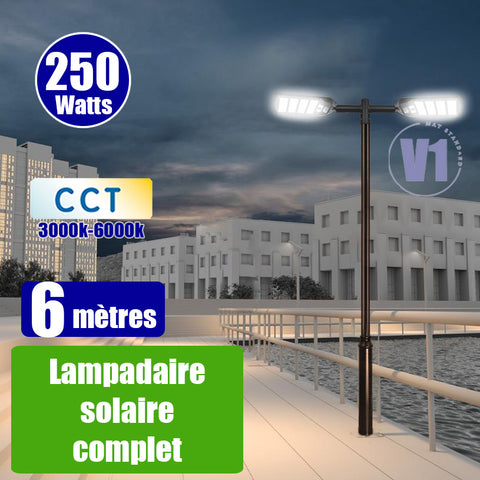 Pack lampadaire complet double tête 6 mètres : 2x Lampadaires solaires - Série VIEW V3 250 Watts - 2100 Lumens - CCT + Mât STANDARD V1 EVO 6 mètres + Double tête de mât en ligne ou perpendiculaire