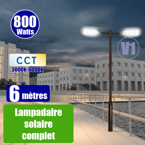 Pack lampadaire complet double tête 6 mètres : 2x Lampadaires solaires - Série VIEW V3 800 Watts - 3500 Lumens - CCT + Mât STANDARD V1 EVO 6 mètres + Double tête de mât en ligne ou perpendiculaire