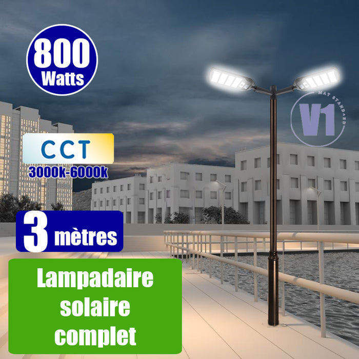 Pack lampadaire complet double tête 3 mètres : 2x Lampadaires solaires - Série VIEW V3 800 Watts - 3500 Lumens - CCT + Mât STANDARD V1 EVO 3 mètres + Double tête de mât en ligne ou perpendiculaire
