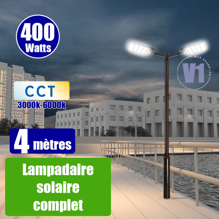 Pack lampadaire complet double tête 4 mètres : 2x Lampadaires solaires - Série VIEW V3 400 Watts - 2700 Lumens - CCT + Mât STANDARD V1 EVO 4 mètres + Double tête de mât en ligne ou perpendiculaire