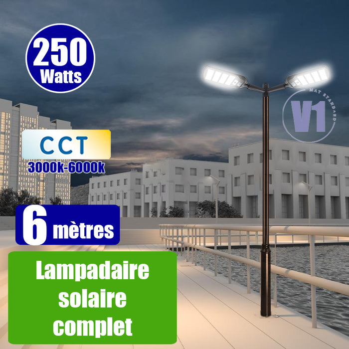 Pack lampadaire complet double tête 6 mètres : 2x Lampadaires solaires - Série VIEW V3 250 Watts - 2100 Lumens - CCT + Mât STANDARD V1 EVO 6 mètres + Double tête de mât en ligne ou perpendiculaire