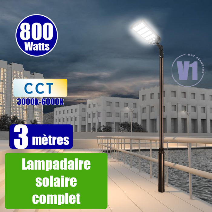 Pack lampadaire solaire complet 3 mètres : Lampe de rue et parking - Série VIEW V3 - 800 Watts - 2700 Lumens - CCT + Mât STANDARD V1 EVO 3 mètres + Adaptateur ajustable 80/50mm ou Support déporté 45mm