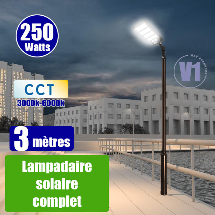 Pack lampadaire solaire complet 3 mètres : Lampe de rue et parking - Série VIEW V3 - 250 Watts - CCT + Mât STANDARD V1 EVO 3 mètres + Adaptateur ajustable 80/50mm ou Support déporté 45mm