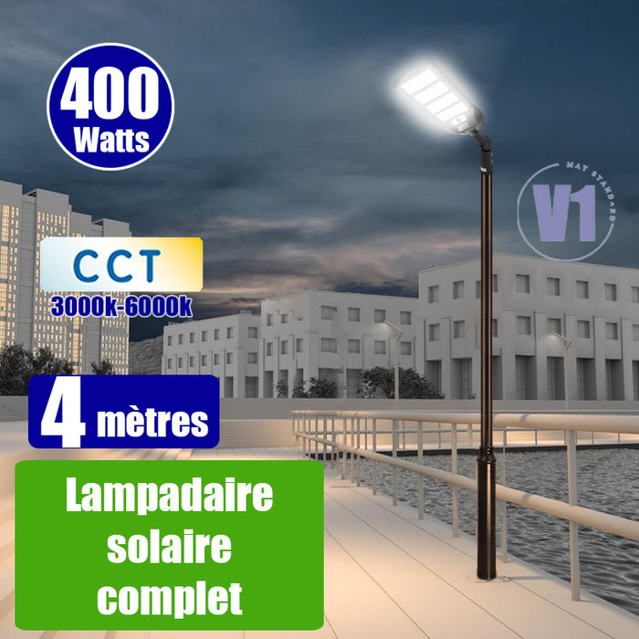 Pack lampadaire solaire complet 4 mètres : Lampe de rue et parking - Série VIEW V3 - 400 Watts - CCT - 2700 Lumens + Mât STANDARD V1 EVO 4 mètres - Avec trappe) + Adaptateur ajustable 80/50mm ou Support déporté 45mm
