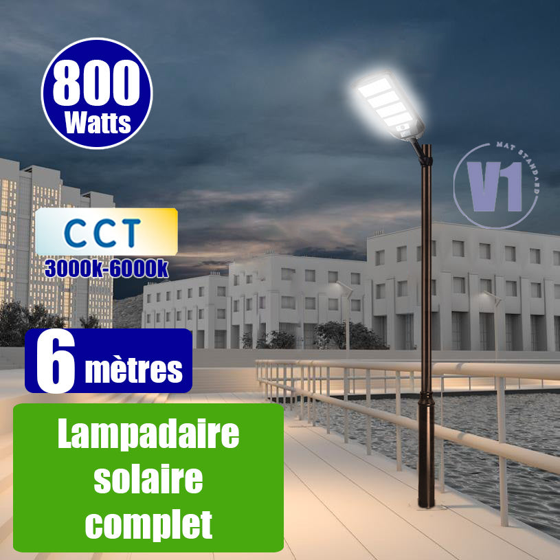Pack lampadaire solaire complet 6 mètres : Lampe de rue et parking - Série VIEW V3 - 800 Watts - 2700 Lumens - CCT + Mât STANDARD V1 EVO 6 mètres + Adaptateur ajustable 80/50mm ou Support déporté 45mm