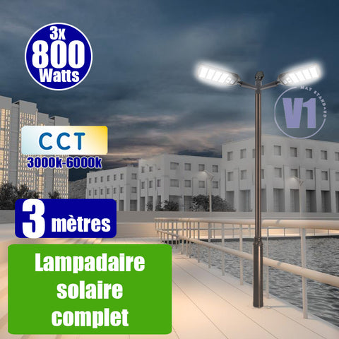 Pack lampadaire complet triple tête 3 mètres : 3x Lampadaires solaires - Série VIEW V3 800 Watts - 3500 Lumens - CCT + Mât STANDARD V1 EVO 3 mètres + Triple tête de mât perpendiculaire