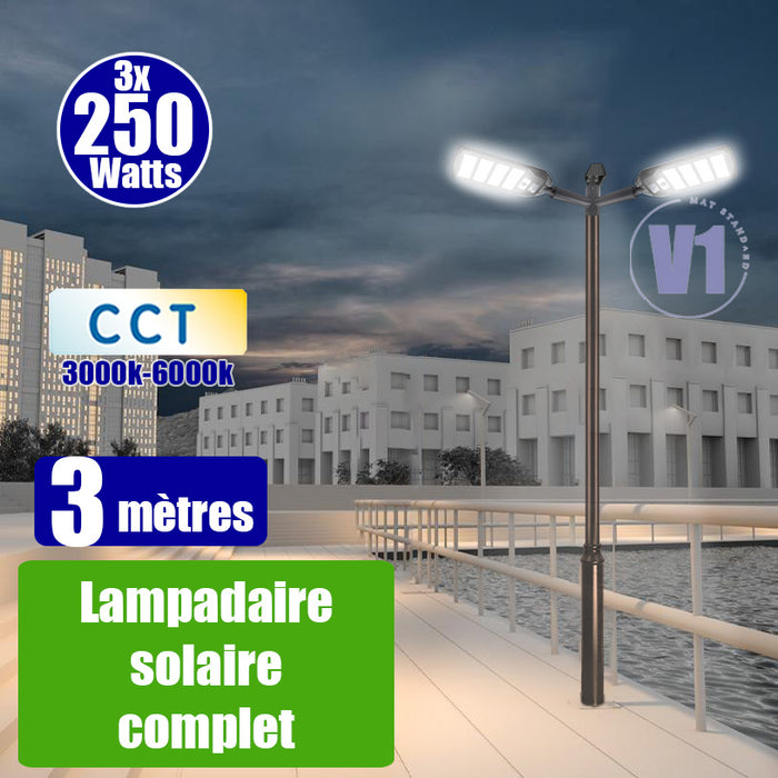 Pack lampadaire complet triple tête 3 mètres : 3x Lampadaires solaires - Série VIEW V3 250 Watts - 2100 Lumens - CCT + Mât STANDARD V1 EVO 3 mètres + Triple tête de mât perpendiculaire